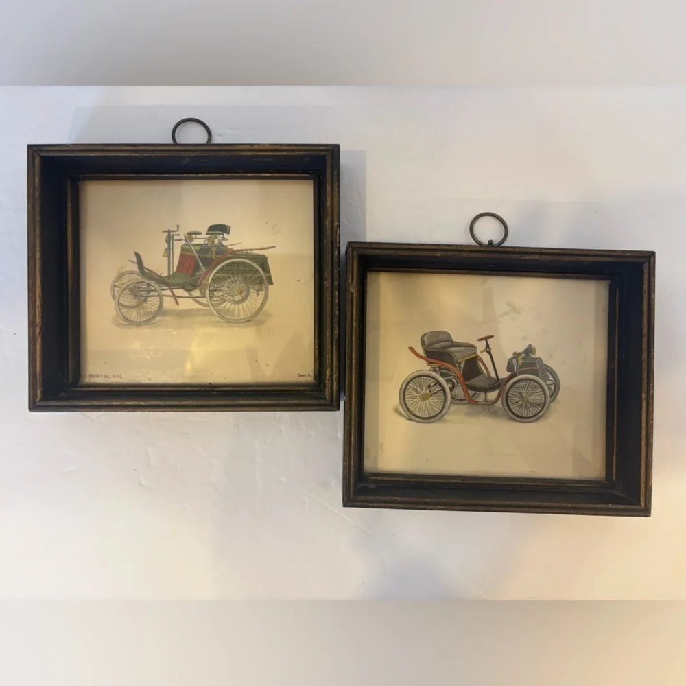 Vintage automobile & carriage set of 2 framed 5x6 prints